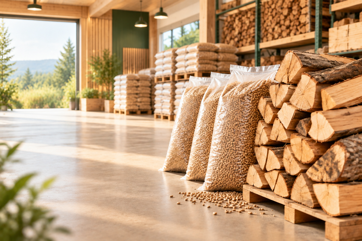 Bois de chauffage et granulés avec fond naturel
